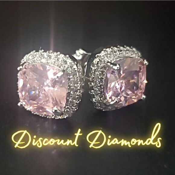 Pink & Clear White Diamond Stud Earrings on 925 Silver Women's - Picture 1 of 5